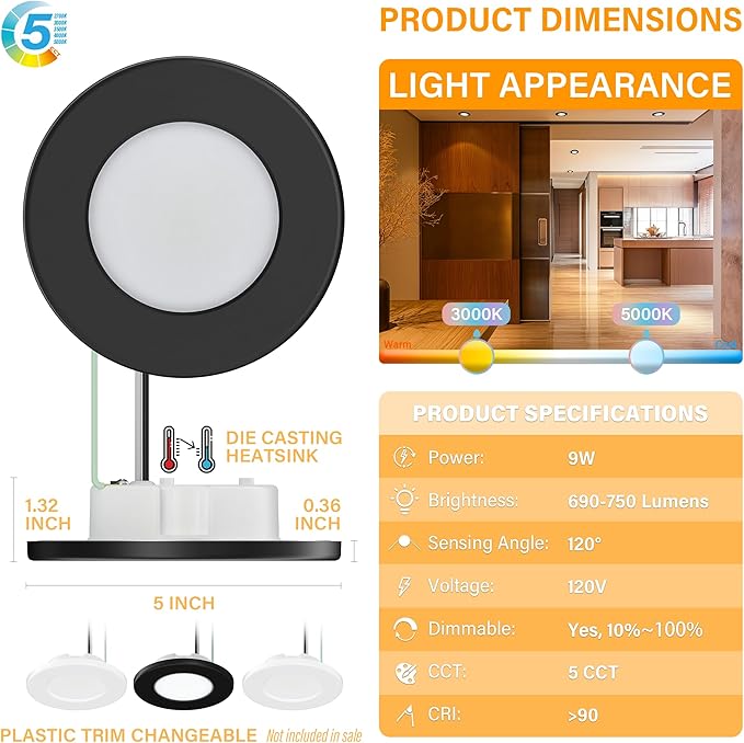 4 Inch LED Mini Surface Mount Light, Recessed Trim, Small Flush Mount Ceiling Light for Hallway, Bathroom, Kitchen, 120V, 60W Replacement, 5CCT Selectable, ETL, Wet Rated, Black/12 Packs