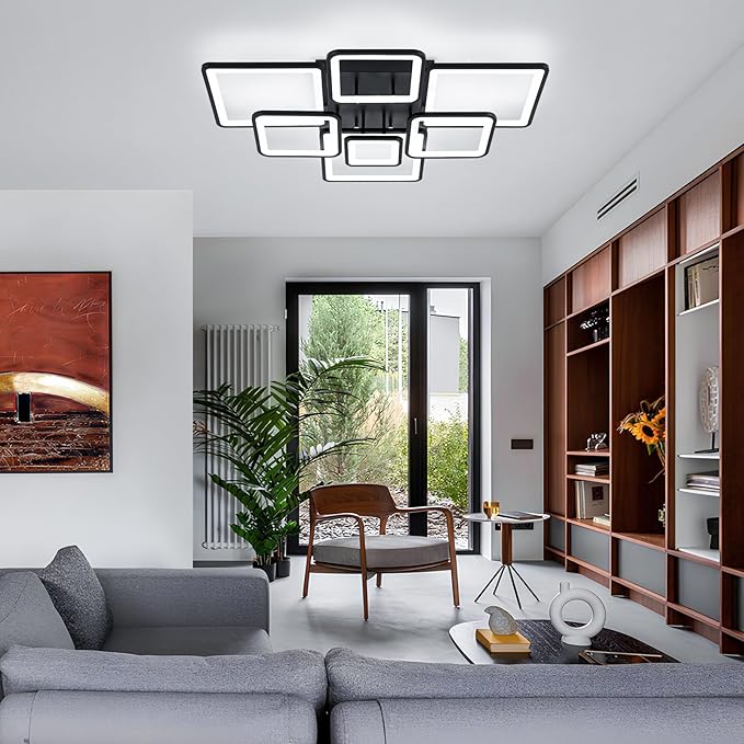Modern LED Ceiling Light 35.04" Dimmable Black Flush Mount Ceiling Light with Remote 7 Rings 90W 3000K-6500K Ceiling Lamp for Living Room,Bedroom,Kitchen
