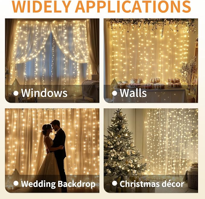2 Pack Fairy Curtain Lights, 300 LED Upgraded Tangle-Free Hanging Lights with Remote, USB Plug in String Lights for Wall Window Wedding Party Xmas Home Décor - 9.8 x 9.8 Ft, Warm White