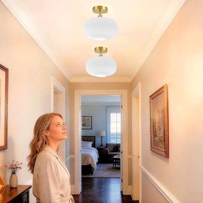 Semi Flush Mount Ceiling Light Fixture,Milk White Glass Ceiling Light,Kitchen Ceiling Light Fixture,Upgrade Sloped Ceiling Lights,Vintage Ceiling Lamp,Mid-Century Ceiling Light for Entryway Bedroom