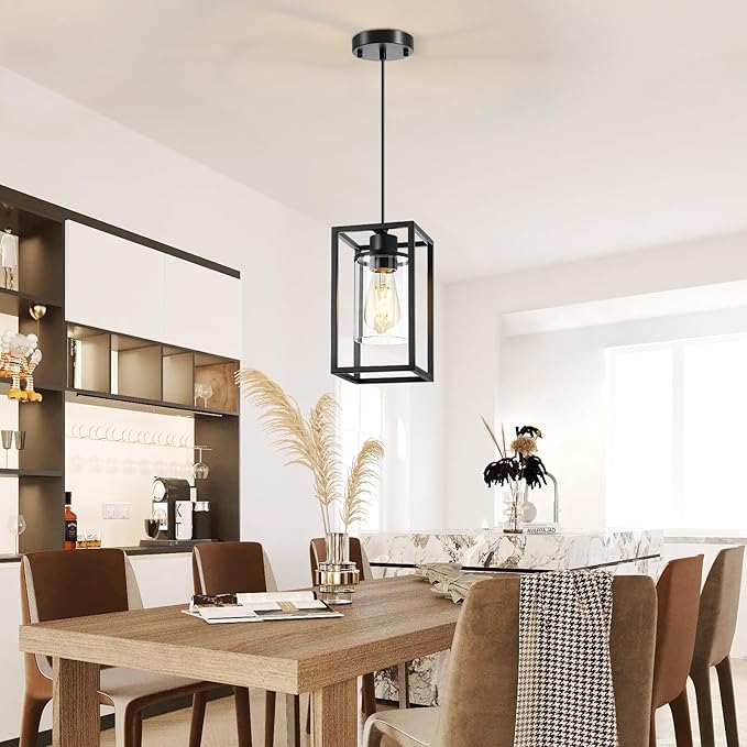 Pendant Lights Kitchen Island, 1 Pack Black Pendant Light, Adjustable Corded Pendant Light Fixtures with Glass Shade, Metal Frame Hanging Light Fixture, Kitchen Island Lighting for Entryway Bedroom
