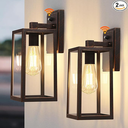 PARTPHONER Dusk to Dawn Porch Light Fixtures, Black Brushed Gold Exterior Lighting Lamp, Sensor Wall Lantern, Waterproof Outdoor Wall Sconce for House Doorway, Garage 2 Pack