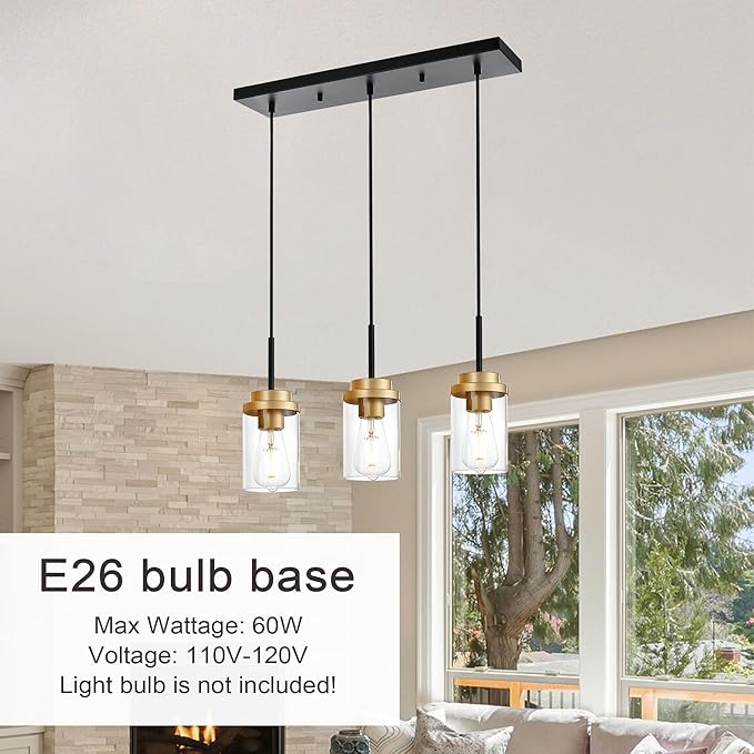 MELUCEE 20.5 Inches Dining Room Light Fixture Hanging 3-Lights Kitchen Pendant Light Fixture Over Island Black Ceiling Hanging Lamp with Clear Glass Shade, Gold Socket