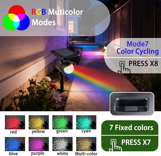 Solar Spot Lights Outdoor 2 Pack, RGB Color Changing & Warm White, 2-in-1 Stake & Strap Mounted Solar Lights, IP65 Waterproof, Auto On/Off Landscape Lighting for Garden, Yard, Tree, Wall