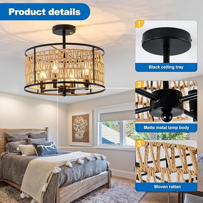 4 Light Rattan Ceiling Light Fixture 15inch Boho Semi Flush Mount Ceiling Light Black Hand-Woven Cage Wicker Chandelier for Dinning Room Living Room Bedroom Farmhouse Hallway Kitchen