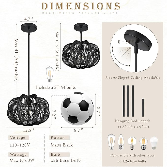 Black Rattan Pendant Light 12.6 in Rattan Light Fixture Wicker Chandelier Woven Pendant Light Boho Chandelier for Foyer