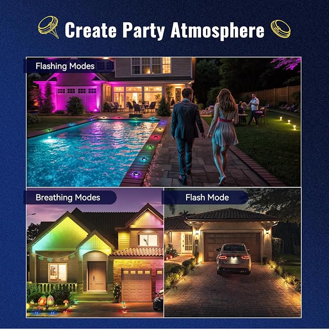 Solar Driveway Lights Outdoor 4 Pack, RGB Colors Solar Deck Dock Lights Outdoor Waterproof IP68, 3 Dynamic Light Modes, Driveway Marker for Warning Stair, Boat Dock, Step, Walkway, Patio Decor
