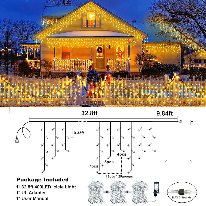 33FT 400 LED Icicle Christmas Lights Outdoor - Warm White Icicle Lights for Outside with 75 Drops 8 Modes, Waterproof Connectable Curtain Hanging Lights for Indoor Roof Patio Garden Party Decorations