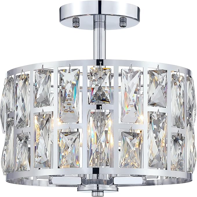 MEXO Farmhouse Crystal Round Semi Flush Mount Modern Close to Ceiling Light Fixture, Cylinder Drum Shade Ceiling Lights 3LT Ceiling Lamp for Kitchen Island Dinning Room Bedroom