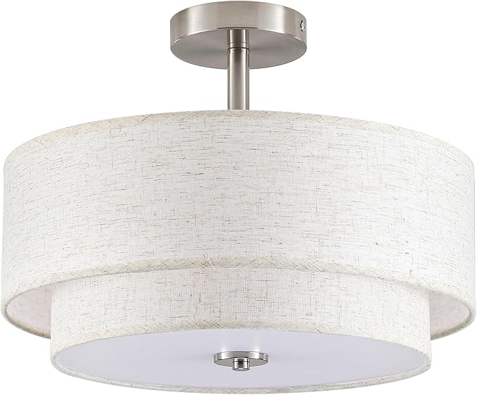BUXVRCS Semi Flush Mount Ceiling Light Fixture, 3-Light Double Drum Lighting Fixtures with Fabric Shade, 16" Modern Light Fixtures Ceiling Mount Close to Ceiling Light for Bedroom (Brushed Nickel)