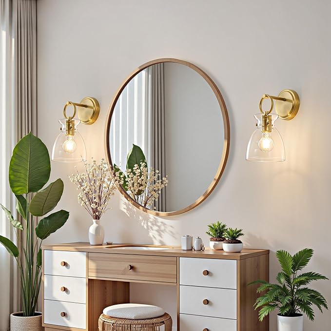 Gold Wall Sconce 1-Light Hardwired Wall Mount Modern Farmhouse Vanity Light Fixtures with 6 Inch Clear Glass Shade, Wall Lights for Bathroom, Bedroom, Living Room, Mirror, Kitchen, 1 Pack