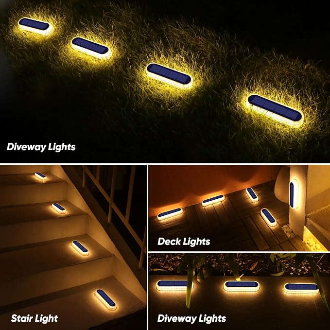 YiLaie Solar Step Lights Outdoor Waterproof Dock Deck Stair Stick on Lights Solar Powered for Outside RV Decor Strips Garden Front Porch Patio Auto ON/Off (Warm White 8 Pack)