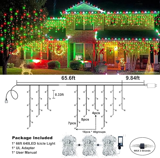 Icicle Christmas Lights Outdoor - 66FT 640 LED Icicle Lights for Outside with 8 Modes Timer, 120 Drops Waterproof Connectable Hanging String Lights Indoor for Roof Party Xmas Decoration, Red and Green