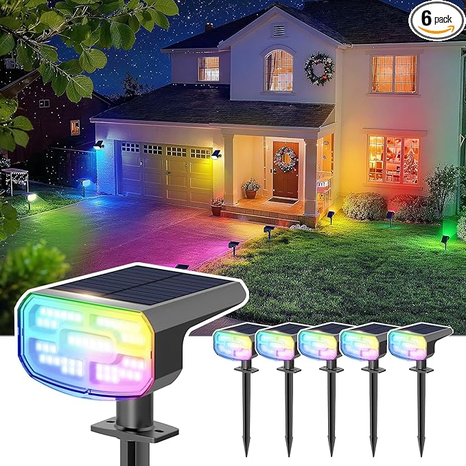 DAMINY Color Changing Solar Spot Lights 9 Lighting Modes,Outdoor Waterproof IP65,Multicolor RGB Spotlight for Gardens,Porches,Landscape,Yard Deconrations-6 Pack