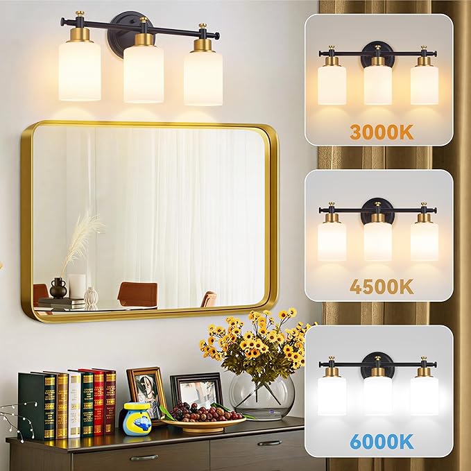 3-Light Bathroom Vanity Light, Black and Gold Vanity Lights for Bathroom with Milky White Glass Shade, Vanity Light Fixture Over Mirror, Modern Style, 16 Inch Compact, E26 Base