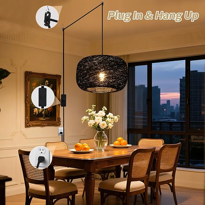 Plug in Pendant Light with Woven Rattan Lampshade, 12” Boho Hanging Lamp with 15FT Cord & On/Off Switch, E26 Socket, Ceiling Hook Installation for Bedroom Living Room Dining Nook Apartment