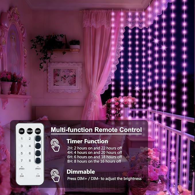 echosari Fairy Curtain Lights Battery Operated, 300 LED Indoor Curtain Lights 9.8 x 9.8Ft with Timer Hooks for Children' s Bedroom Wedding Backdrop Decor (Pink)
