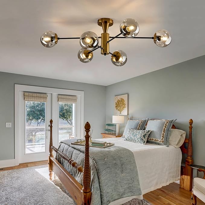 hesoge Modern Semi Flush Mount Ceiling Light Fixture 6-Light Sputnik Gold Chandelier with Glass Globe Mid Century Ceiling Lighting for Dinning Room Farmhouse Kitchen Bedroom Living Room