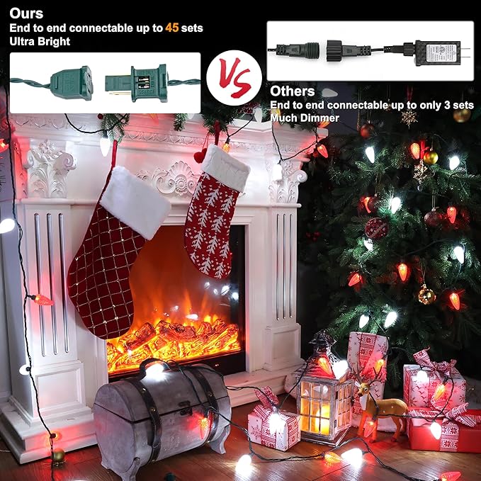 Brizled 100 LED C9 Red & White Christmas Lights, 66FT Faceted Christmas Lights, Connectable Outdoor Indoor Strawberry Light String, 120V UL Certified for Valentine's Day Party Xmas Tree House Garden