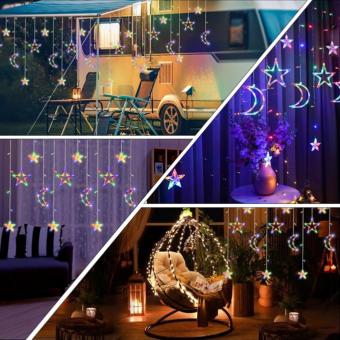 Moon and Stars Decor Curtain Lights, 11.5ft String Lights for Bedroom, Christmas, Ramadan Decor, Indoor LED Fairy Twinkle Light, Battery Operated or USB Plug-in