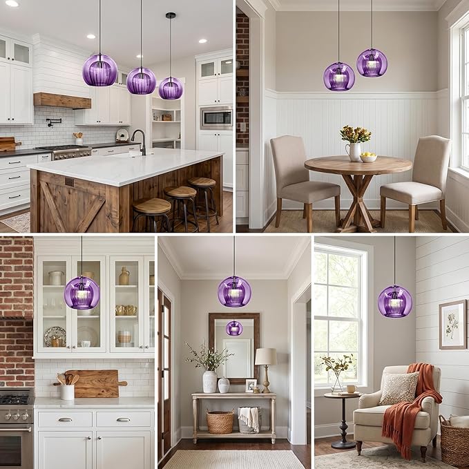 Vintage Pendant Lights 9.8" Purple Flush Mount Ceiling Light Fixtures, 2-Layer Glass Globe Shade Design Black Mid Century Chandelier for Kitchen Island Dining Room Farmhouse Bedroom