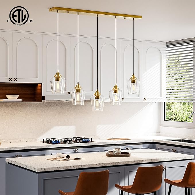 VONLUCE Pendant Lights Kitchen Island, Brushed Gold Pendant Light Fixtures with E26 Base & Adjustable Cable, Modern Pendant Lighting with Glass Shade for Living Room Bedroom Hallway, 5-Light