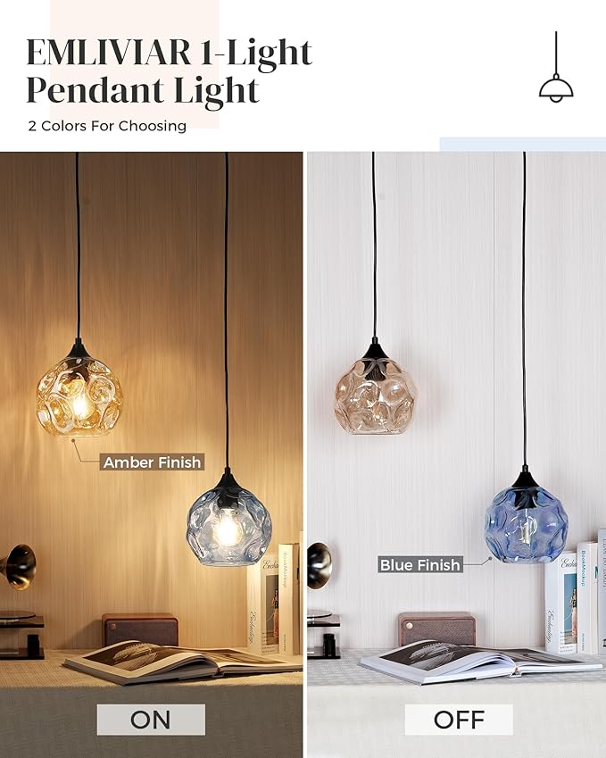 Emliviar 1-Light Pendant Lighting Hammered Glass, Modern Blue Ceiling Hanging Light for Kitchen, DYE287G1-MIL BK