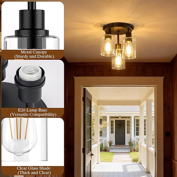 ROTTOGOON Semi Flush Mount Ceiling Light, Close to Ceiling Lights Fixtures, 3 Light Kitchen Ceiling Lights Fixtures with Glass Shades, Hallway Light Fixtures Ceiling Mount for Foyer, Black