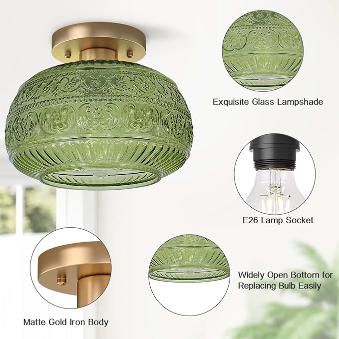 Semi Flush Mount Ceiling Light, 9" Green Glass Gold Fixture, Modern Close to Ceiling Light for Kitchen Hallway Bedroom, E26 Base,Bulb NOT Included