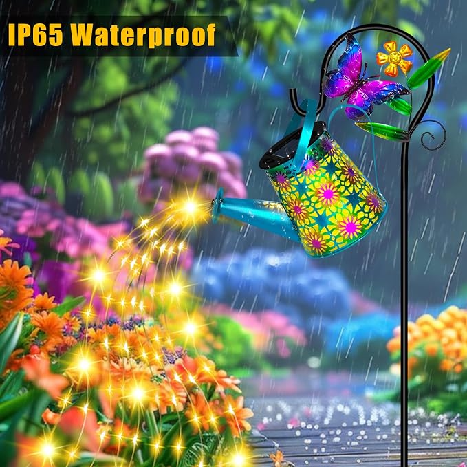 Solar Watering Can with Lights, Waterproof Solar Lantern with Butterfly Shepherd Hook, Hanging Garden Lights for Patio Yard Lawn Porch Outdoor Decoration 2 Pack