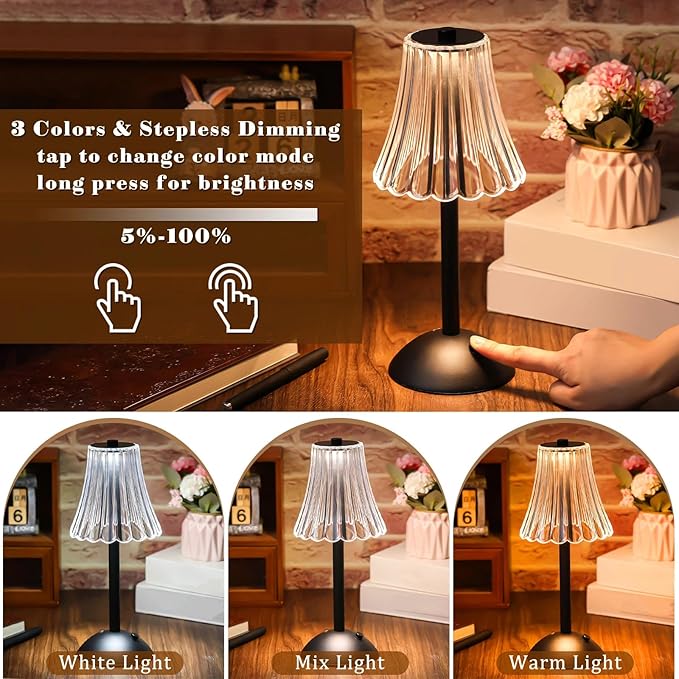 Liliful 4 Pcs Cordless Table Lamp Rechargeable Touch LED Small Gold Portable Battery Operated USB-c Desk Lamp 3 Color Dimmable for Bedroom Living Room Dining (Black,Rose Style)