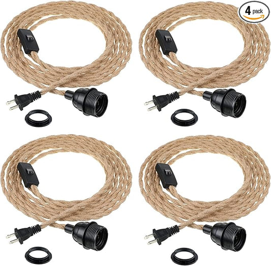 Tuanse 4 Pack Pendant Light Cord, 15ft Plug in Kit with Switch, Industrial Vintage E26 E27 Socket Set for Edison Bulbs, Farmhouse Decor, Retro Lamp Cable DIY