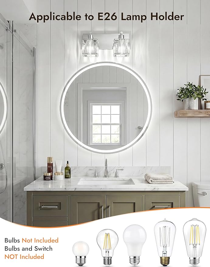 VOLISUN Chrome Bathroom Light Fixtures, Modern Stainless Steel Bathroom Lighting Fixtures Over Mirror, 2 Light Bathrooms Vanity Light, Crystal Vanity Light for Bathrooms-UL Certificated(Exclude Bulb)