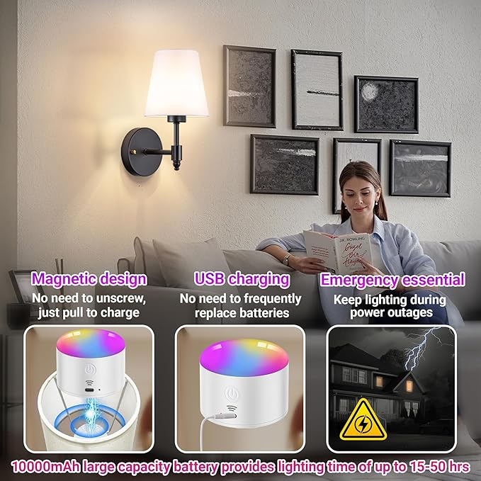YHCDLAMP Battery Operated Wall Sconces Set of Two, Rechargeable Wireless Wall Lights with 10000mAh RGB Dimmable Detachable Bulb, Battery Sconces Wall Decor with Remote for Bedroom Living Room Hallway