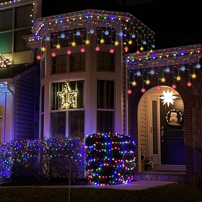 weillsnow 360 LED Icicle Christmas Lights with Snowflake, 29.5ft 72 Drops Connectable 8 Modes Waterproof Icicle Light Outdoor for Curtain, Eaves, Window, Christmas Decorations (Multi-Colored)