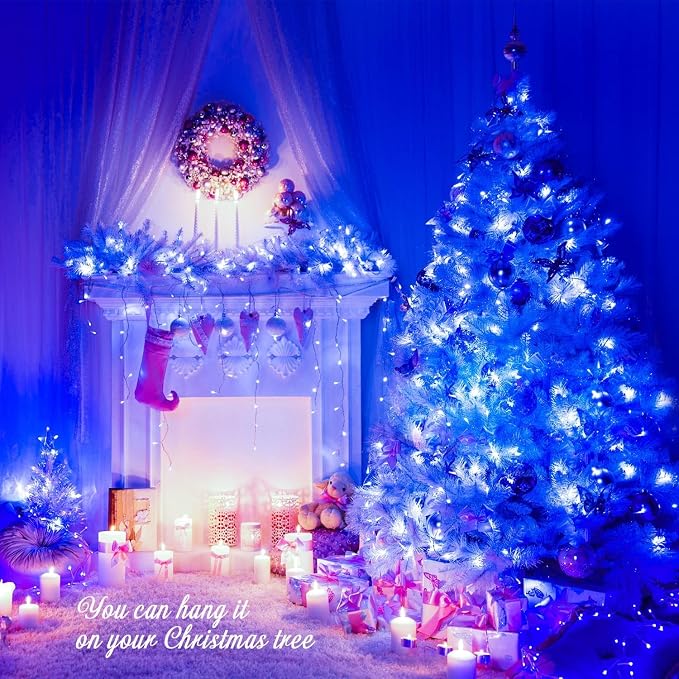 JMEXSUSS 2 Pack 100 LED Blue Christmas Lights Indoor Outdoor, 33ft Connectable Christmas String Lights Plug in, 8 Modes Clear Wire Blue LED Lights for Xmas Tree Yard Bedroom Party Fireplace Decoration