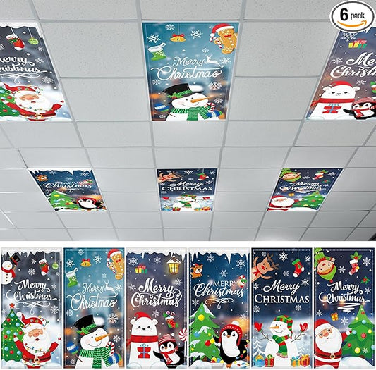 6 Pcs Fluorescent Light Covers with 60 Magnets Decorative Classroom Ceiling Lights 4 x 2 Feet Magnetic Light Cover Filter Easy Install for Office Hospital Home Ceiling Supplies (Christmas Santa Claus)
