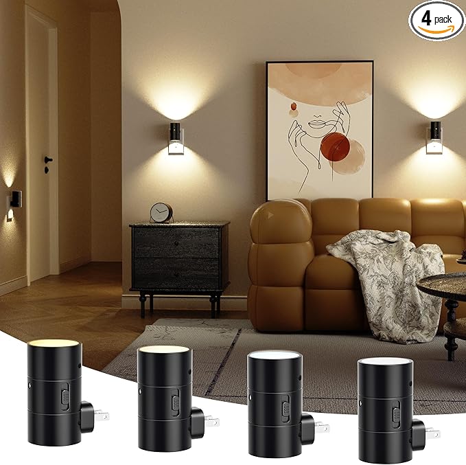 JOFIOS Night Lights Plug Into Wall,Dimmable LED Nightlight with Dusk to Dawn Sensor,0-100LM Adjustable Brightness,3 Color Temperatures,Night Light for Hallway Bathroom Stair Bedroom,Black,4 Pack