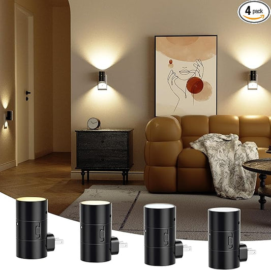 JOFIOS Night Lights Plug Into Wall,Dimmable LED Nightlight with Dusk to Dawn Sensor,0-100LM Adjustable Brightness,3 Color Temperatures,Night Light for Hallway Bathroom Stair Bedroom,Black,4 Pack