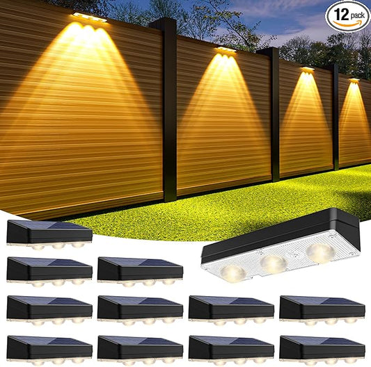 JOFIOS Solar Fence Lights Outdoor,1300mAh, 12pack,Warm/Natural/Cool White,IP65 Waterproof,Fence Lights Solar Powered,Solar Lighting for Deck, Backyard, Railing(Black)