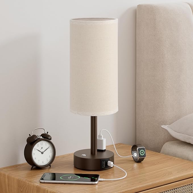 Touch Bedside Table Lamp with Memory - Stepless Dimmable Lamp for Bedroom, Small Nightstand Lamp with Dual USB Charging Ports and AC Outlet, Wood Night Light, Deak Lamp for Nursery (Beige & Brown)