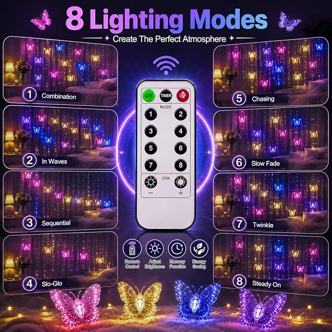 Butterfly Curtain Fairy Lights USB Plug in,8 Modes 120 LED 19.7FT Firefly Twinkle Timer String Lights with Remote, Waterproof Copper Wire for Bedroom Patio Christmas Wedding Party (Multi-new)