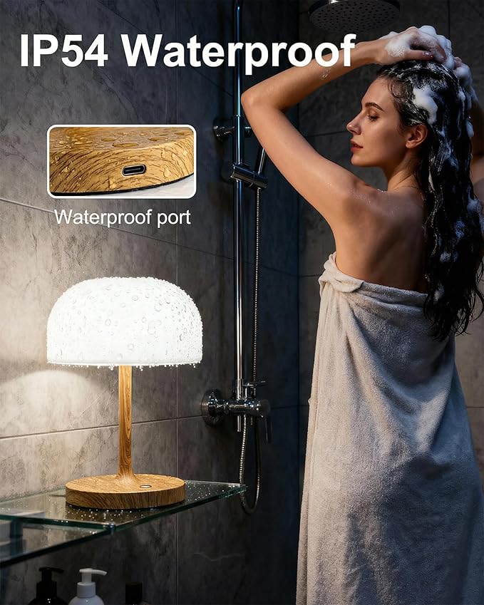 VoMii Mushroom Lamp, 9” Cordless Table Lamp Waterproof Shower Lamps with 4000mAh Battery Rechargeable & 3 Color Temperatures, Dimmable LED Night Light for Bathroom, Bedroom & Home Decor - Wood Grain