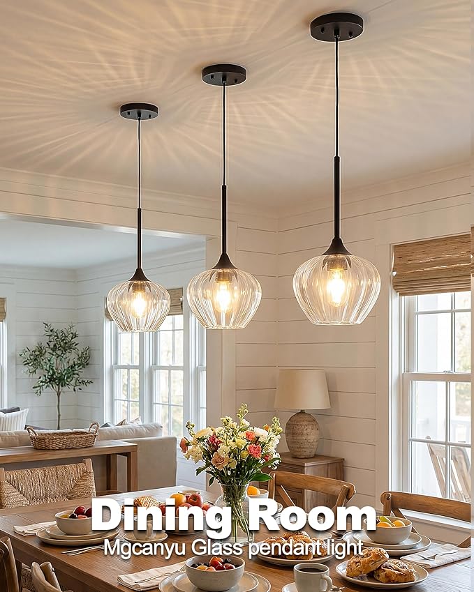 2-Pack Glass Pendant Lights Kitchen Island, 7" Modern Black Glass Pendant Lighting Farmhouse Hanging Light Fixtures for Kitchen, Dining Room, Bathroom, Bedroom