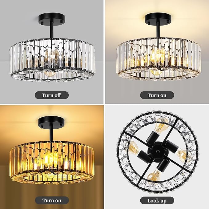 FRIDEKO HOME Semi Flush Mount Ceiling Light - Small Crystal Chandelier Hallway Black Metal Cage Modern Light Fixture for Entryway Bedroom Porch Kitchen (9-Black-4 Light-1pcs-14.56 inch)
