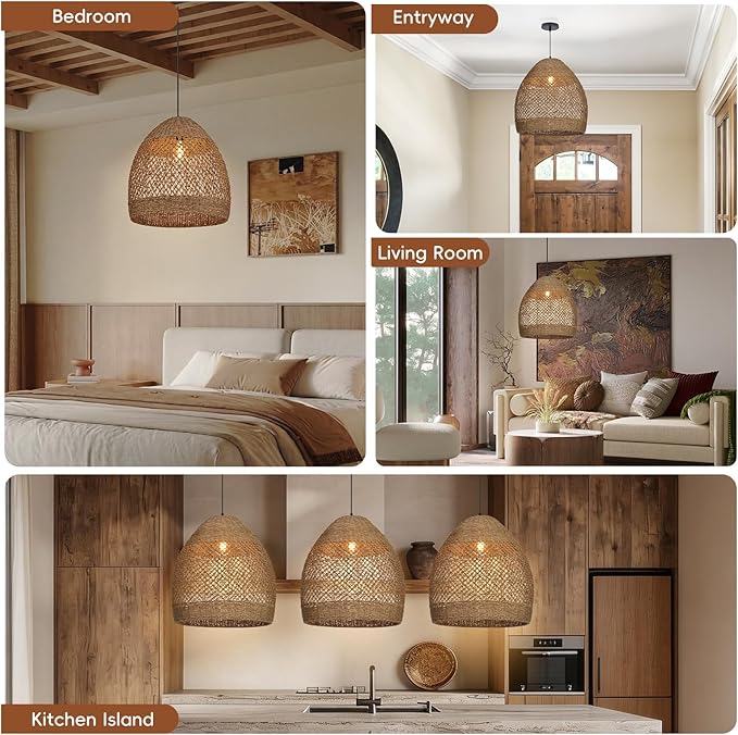 17.7" Boho Rattan Chandelier for Dining Room, 1-Light Hand Woven Pendant Light Fixture with Wicker Lampshade, Coastal Hanging Pendant Lighting for Kitchen Island Bedroom Living Room Nursery