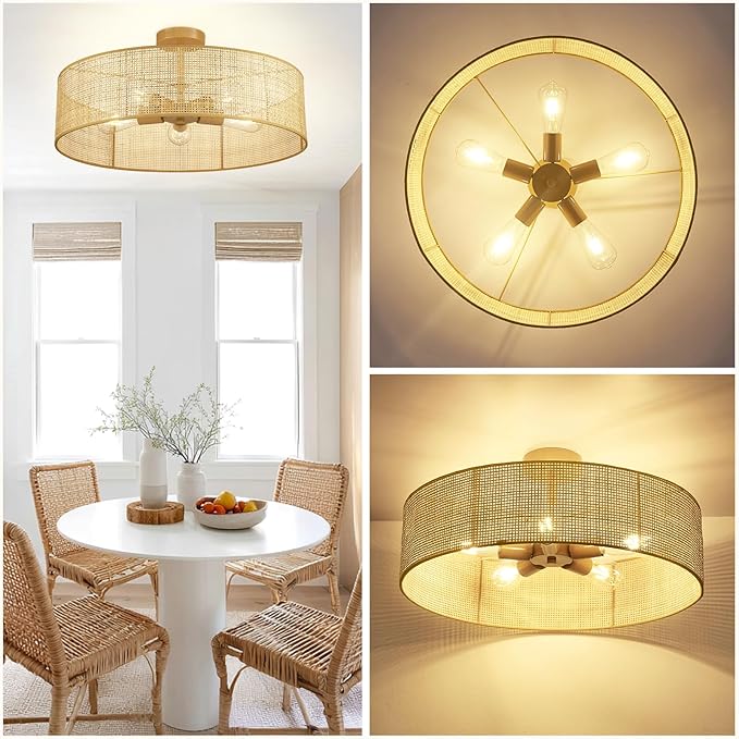 Hamilyeah 24 inch Semi Flush Mount Ceiling Light Fixture with Woven Wicker Shade, Natural Boho Rattan Light Fixture Ceiling Mount for Bedroom, Living Room, Dining Room, Kitchen and Hallway