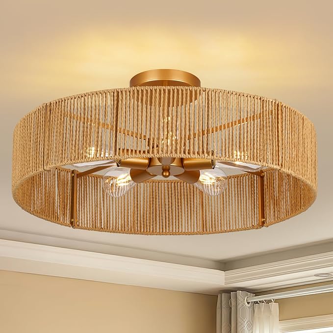 24" Natural Rattan Flush Mount Ceiling Light Fixture, 5-Light Gold Hand-Woven Wicker Boho Chandelier for Bedroom, Living Room, Dining Room, Kitchen, Rustic Lamp for Hallway and Entryway