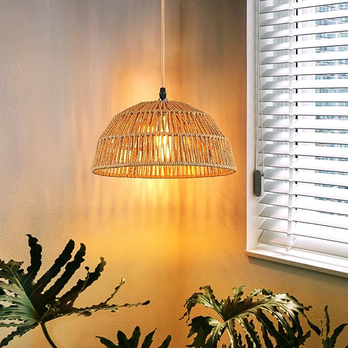 Plug in Pendant Light, Farmhouse Hanging Chandelier Lights with 15ft Golden Cotton Cord, Ceiling Lamp with Dimmable Switch, for Kitchen Island Living Room-2 Pack (Bulb & 4 Swag Hooks Included)