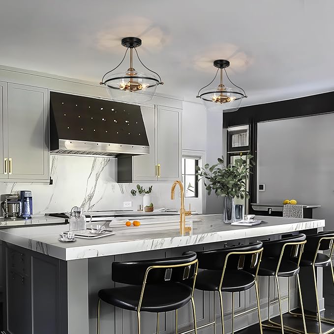 KSANA Modern Semi Flush Mount Ceiling Light, 3-Light Black and Gold Close to Ceiling Fixture with Clear Glass and Electroplated Brass Accents for Hallway, Bedroom, Kitchen, or Entryway